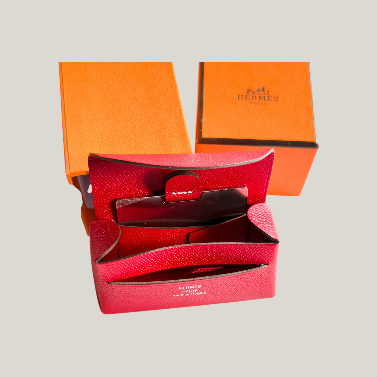 Hermès Lipstick Case in Rouge Casaque Epsom Leather with Mirror Insert | New