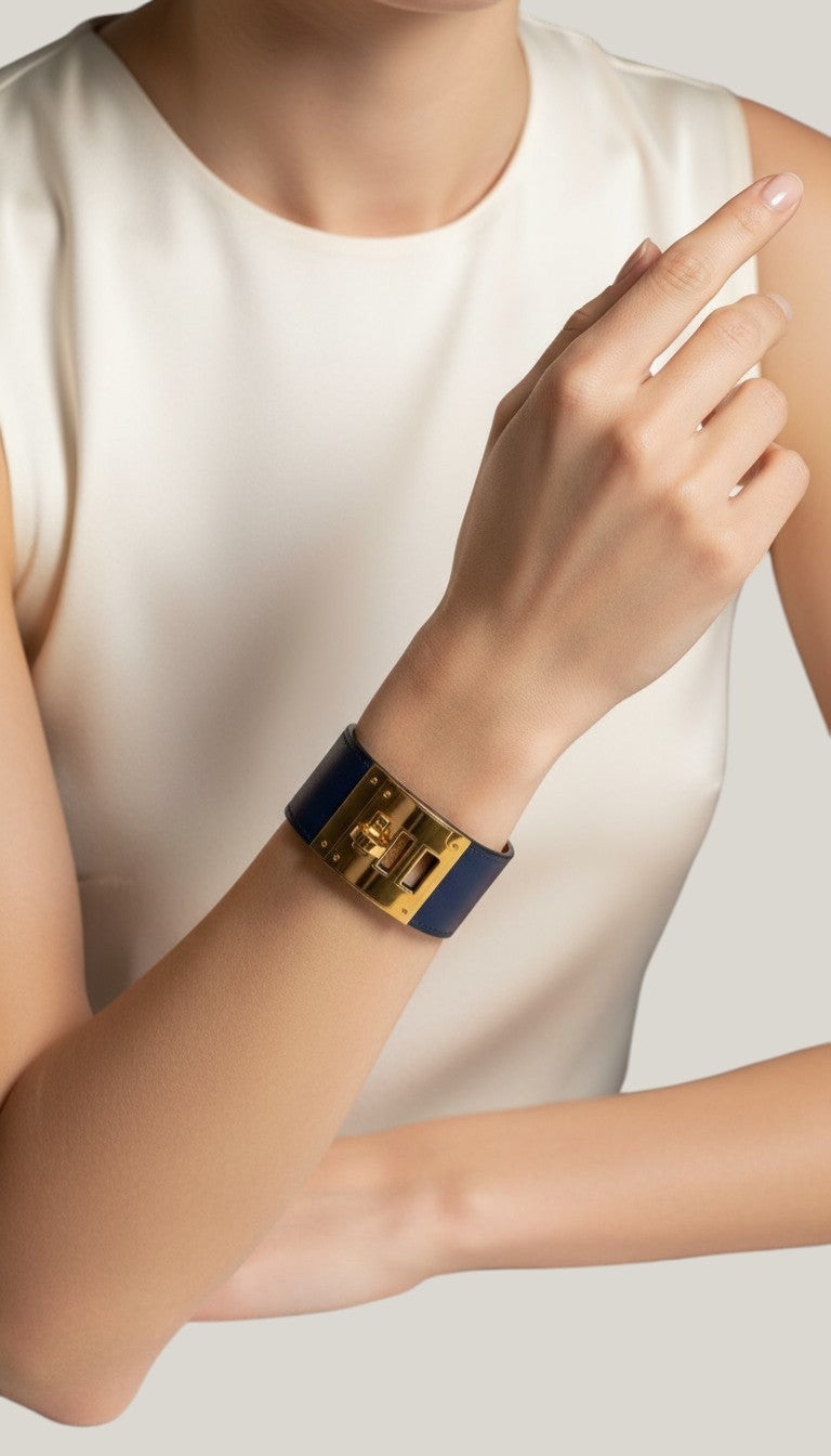 HERMÈS Kelly Dog Bracelet | Blue Swift Leather Gold Hardware