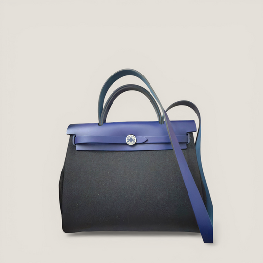 Hermès Herbag Zip 31 Laque | Noir with Blue Leather | 2022 | Like New