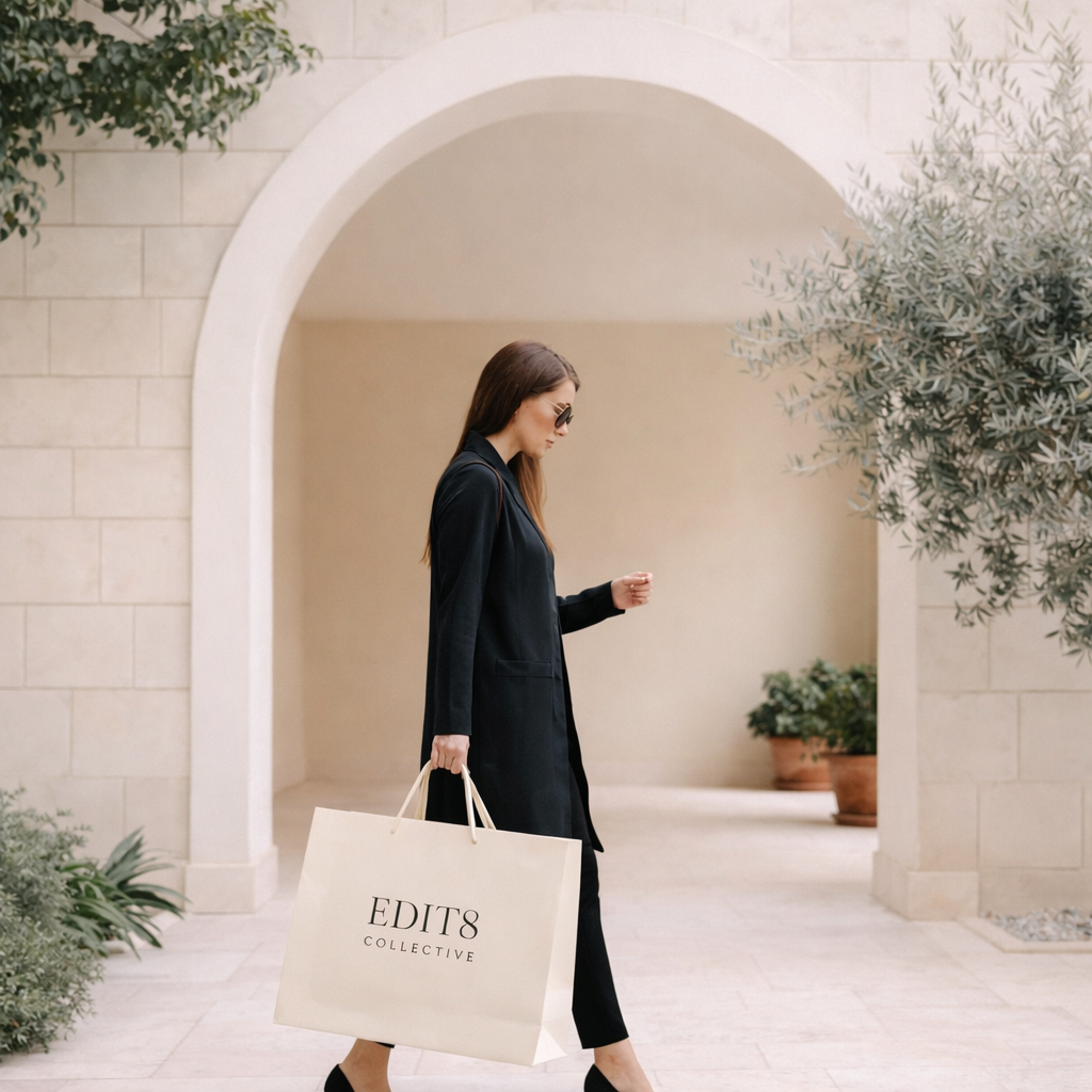 Woman holding a 'Edit8 Collective' bag in an elegant outdoor setting with arches and plants.