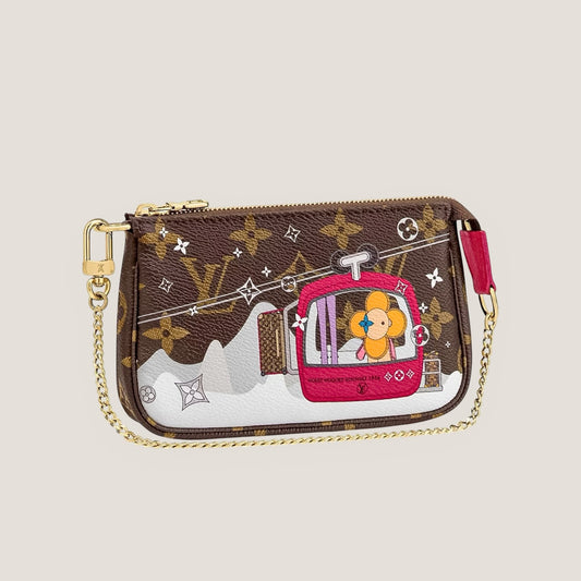 EDIT8 COLLECTIVE Louis Vuitton Mini Pochette Accessoires Vivienne in Switzerland limited edition pouch with monogram canvas, gold hardware, and red trim.