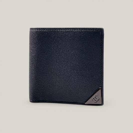 EDIT8 COLLECTIVE black caviar leather bifold wallet with gold-tone hardware and multiple card slots.