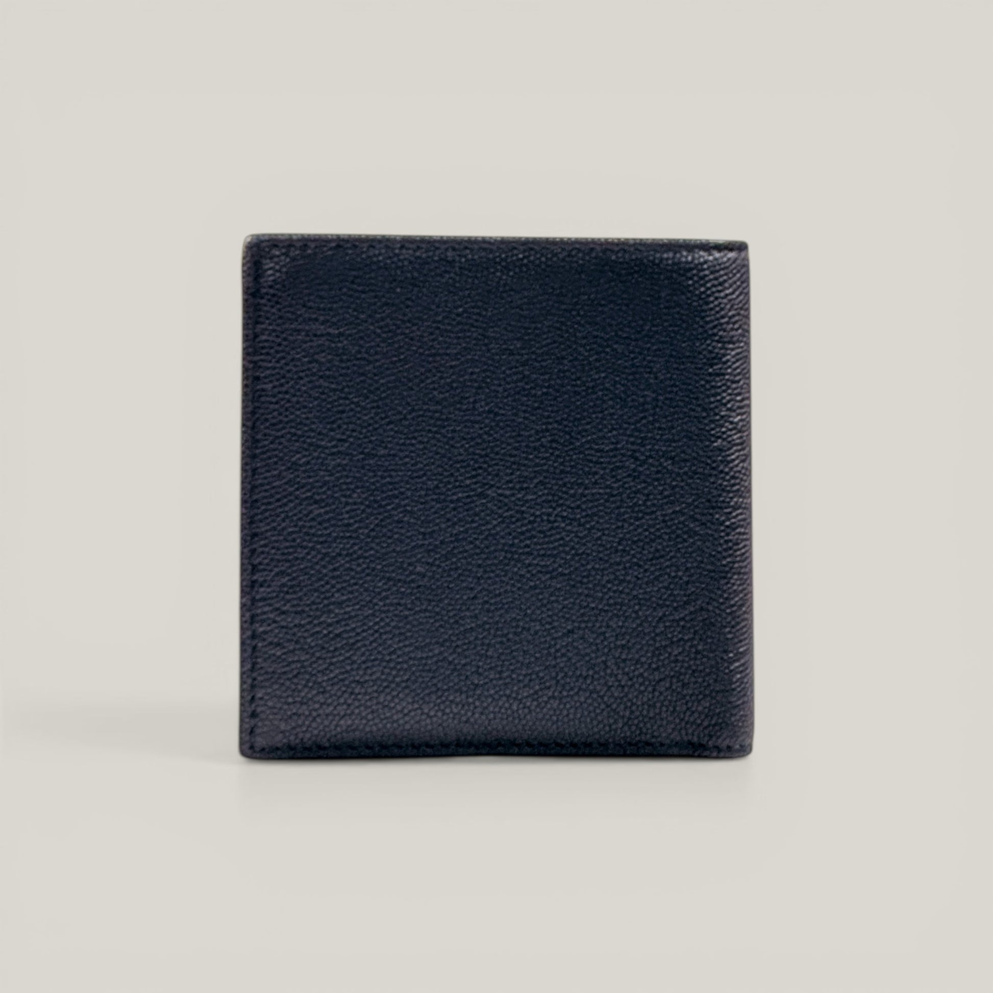 EDIT8 COLLECTIVE black caviar leather bifold wallet with multiple card slots and bill compartments.