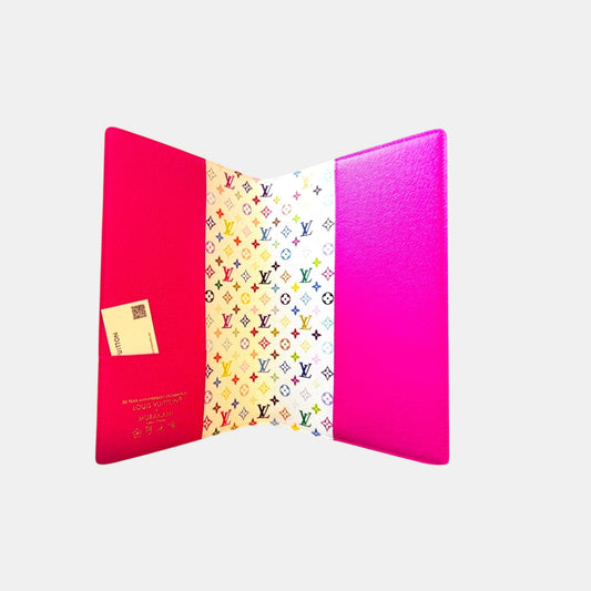 EDIT8 COLLECTIVE Louis Vuitton x Murakami Emily notebook cover in pink textured leather with multicolor monogram print interior.
