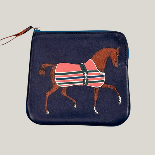 Hermès Zip Pouch | Rodeo Horse Print | Navy Leather | Brand New
