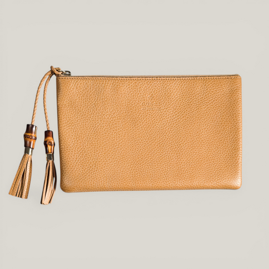 Gucci Bamboo Tassel Pouch | Taupe Grained Leather