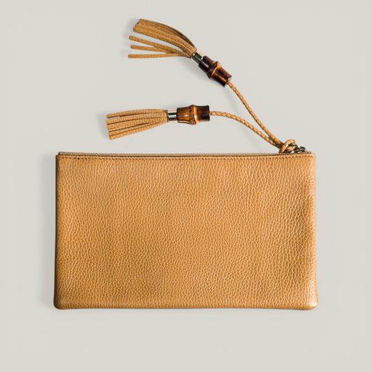Gucci Bamboo Tassel Pouch | Taupe Grained Leather