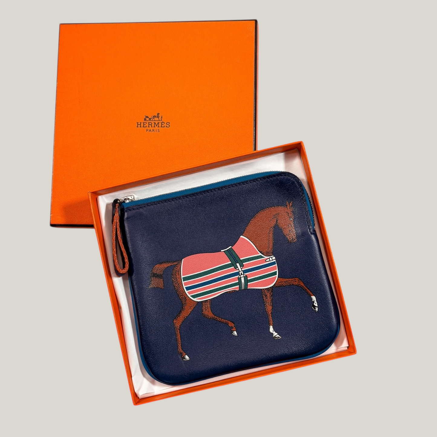 Hermès Zip Pouch | Rodeo Horse Print | Navy Leather | Brand New