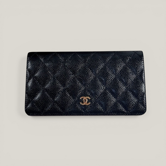 Chanel Quilted Caviar Leather L Yen Continental Wallet | Black with Gold Hardware | Like New